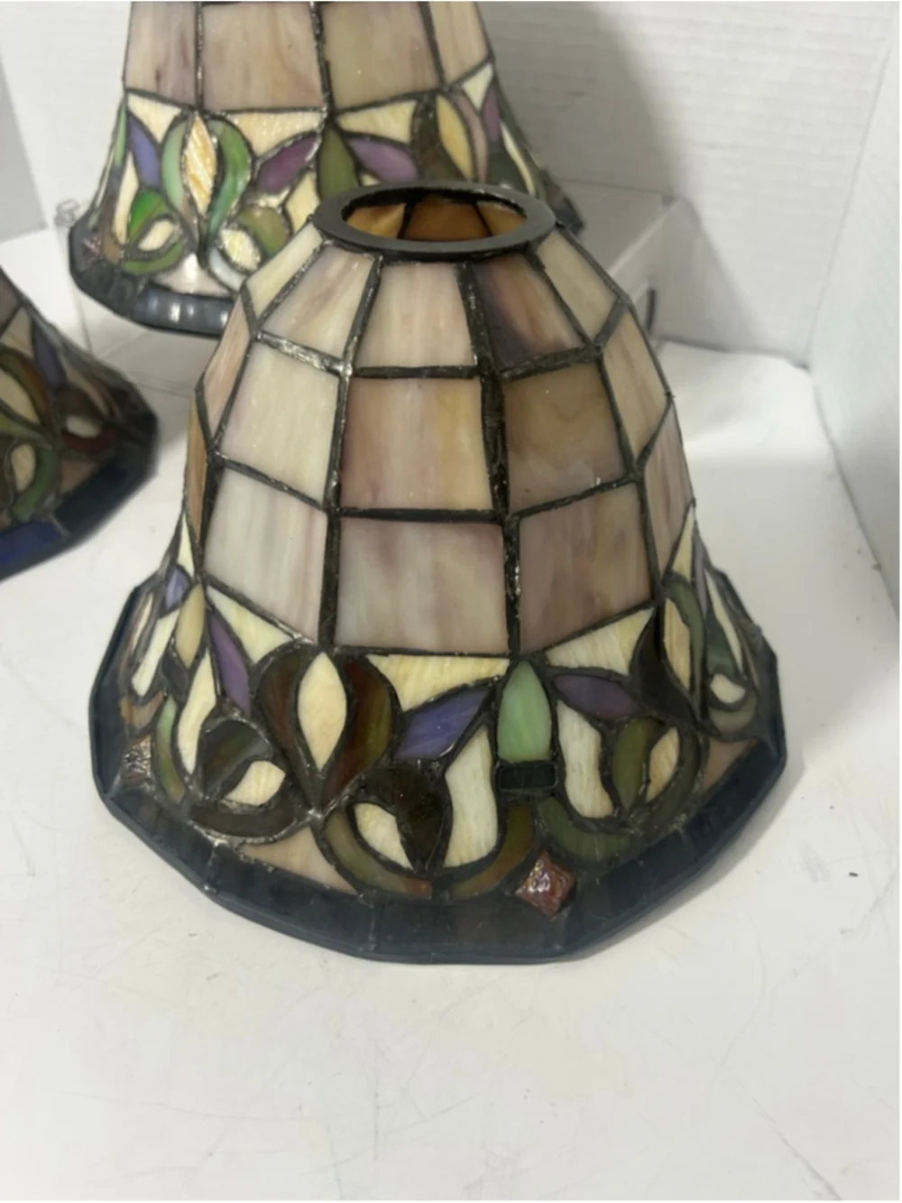 Vintage Tiffany Style Marble Slag Stained Glass Lamp Shades Set 3 Floral Retro